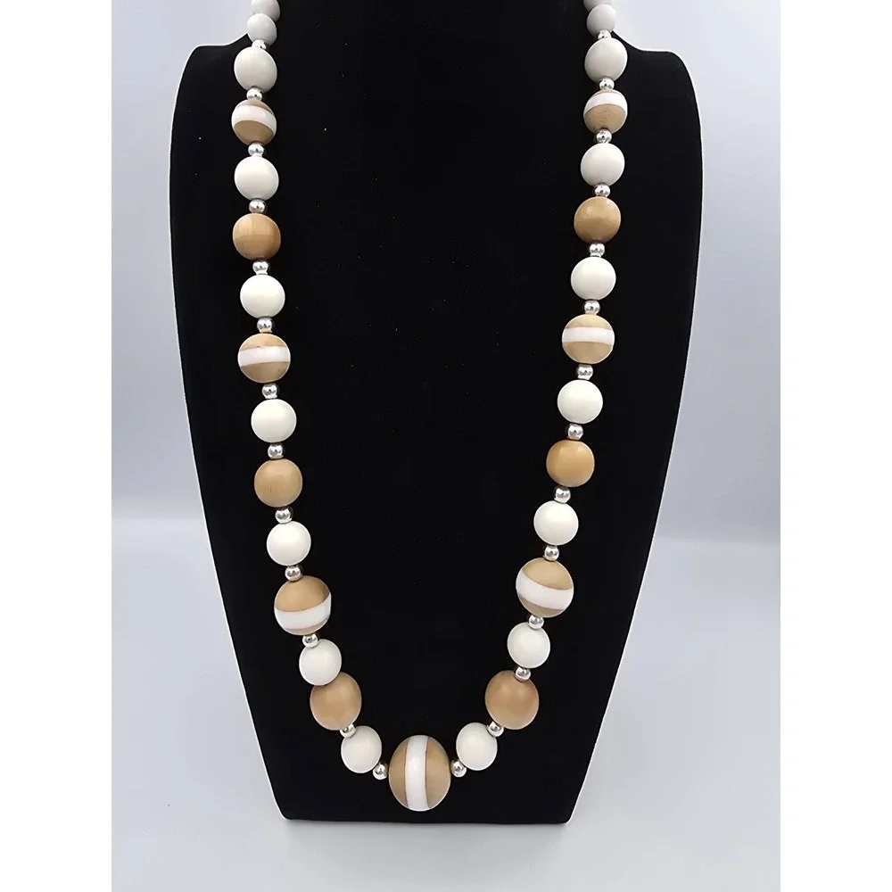 Vintage Wood & White Beaded Necklace Long Statement‎ Jewelry Silver Tone Clasp